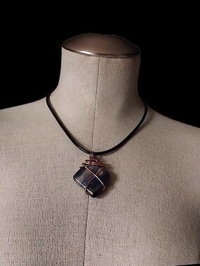 Wire-Wrapped Blue Stone Pendant Necklace on Black Cord
